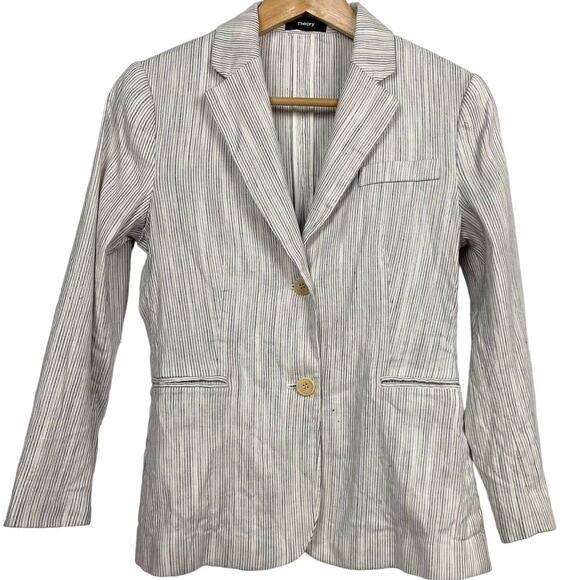 Theory Linen Blend‎ Striped Blazer Size 4 Ivory Beige Navy Twill Minimalist Luxe - Picture 1 of 16